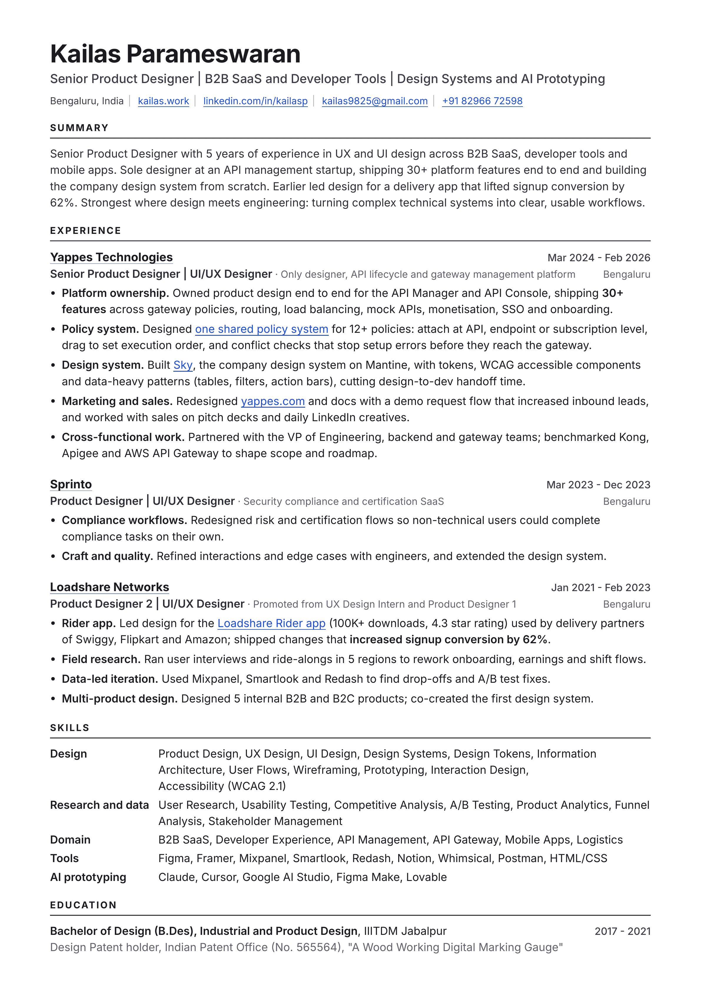 Resume of Kailas Parameswaran, page 1