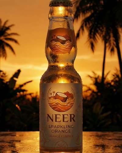 Neer bottle at sunset by palm trees