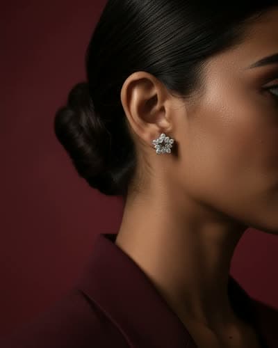 Profile of a model wearing a diamond earring